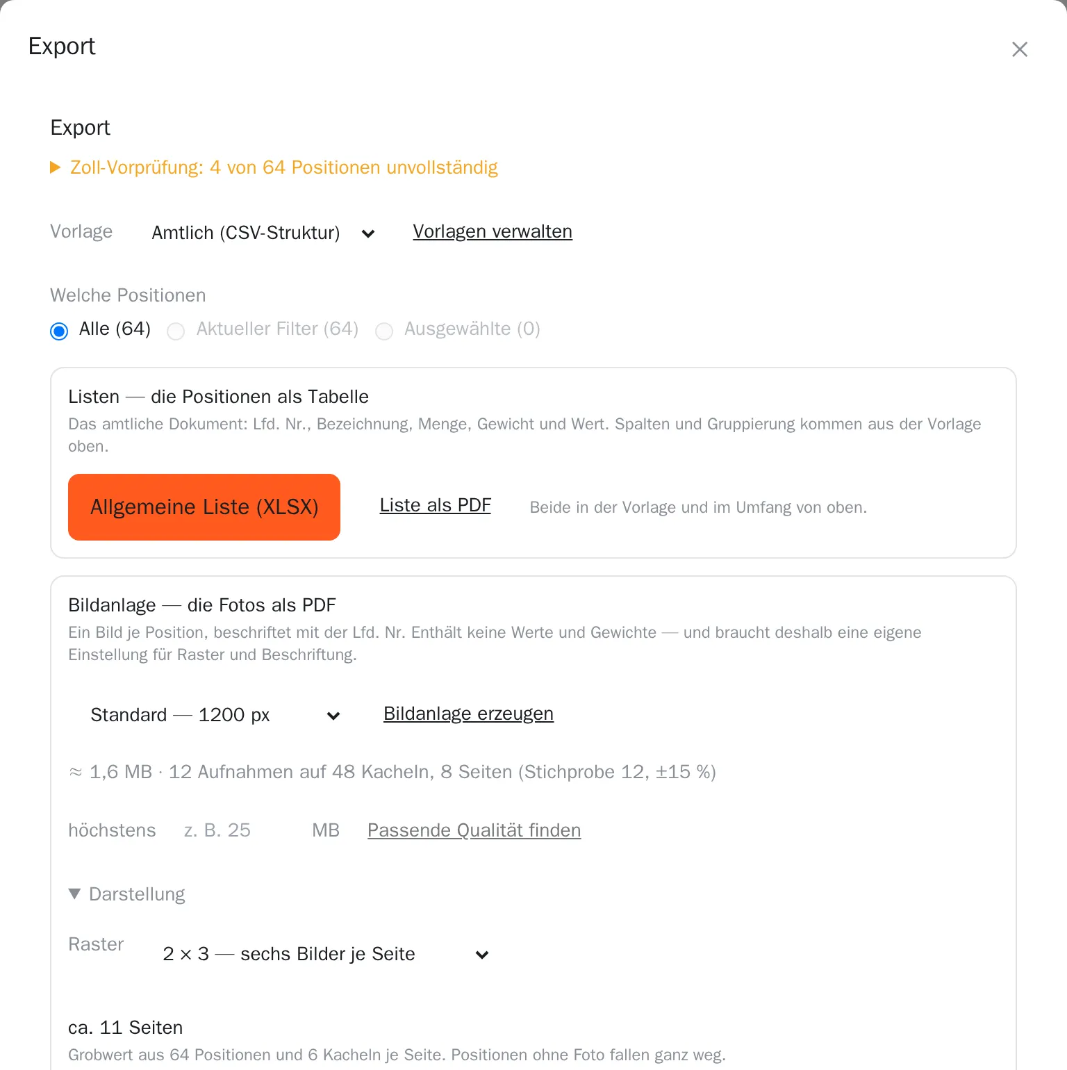Export-Panel von CarnetPix mit Zoll-Vorprüfung, Umfangsauswahl, Größen-Preset, geschätzter Dateigröße und Raster der Bildanlage.