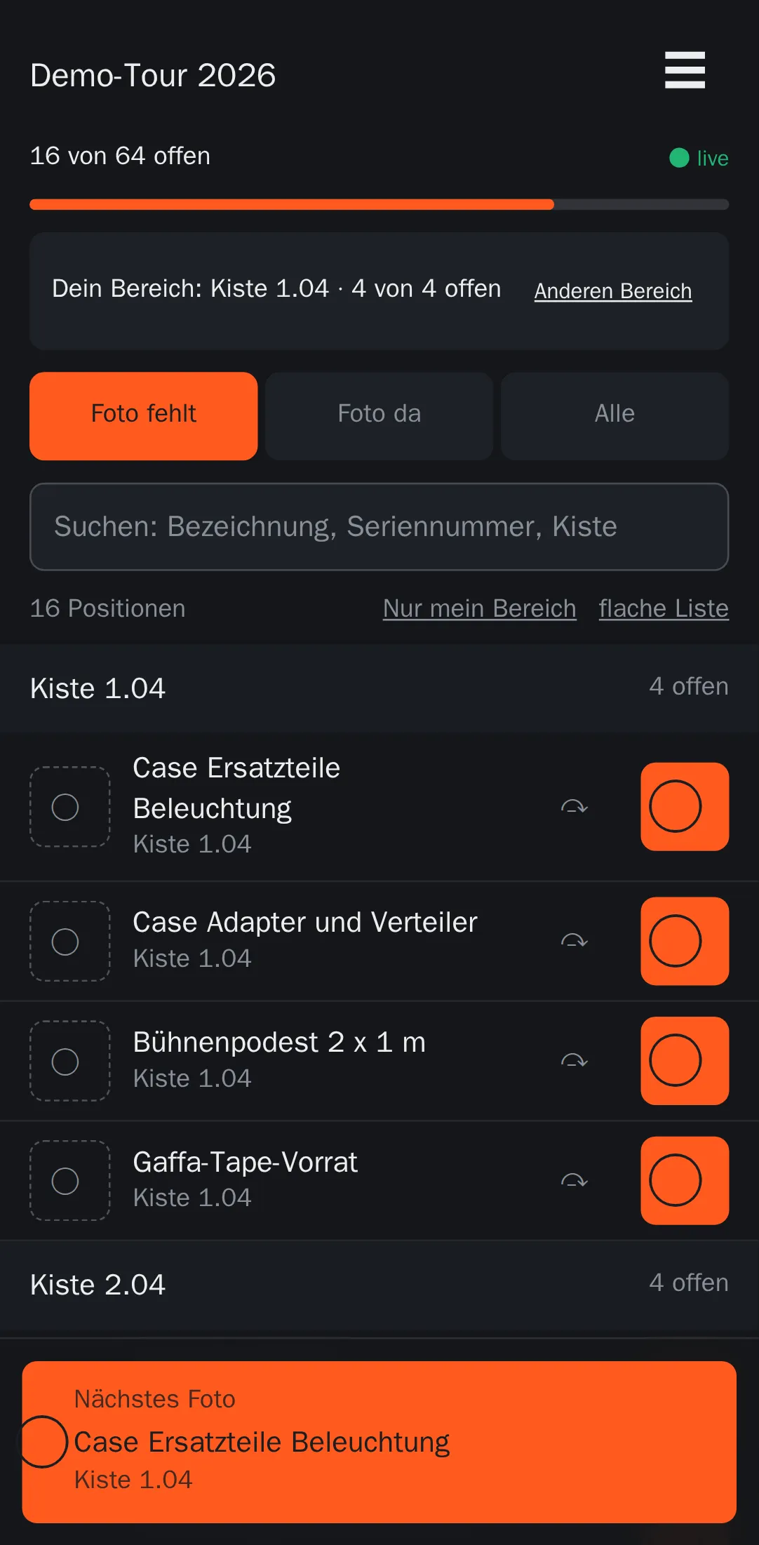 Erfassung am Handy: Kopfzeile mit dem Stand, Segmente für fehlende und vorhandene Fotos, Positionen nach Kisten gruppiert.