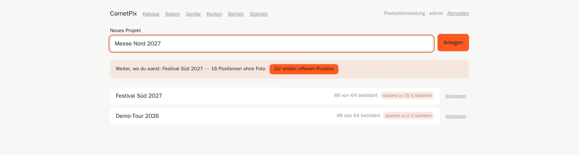 Einstiegsbildschirm von CarnetPix mit einer Karte je Produktion und deren Fotofortschritt.