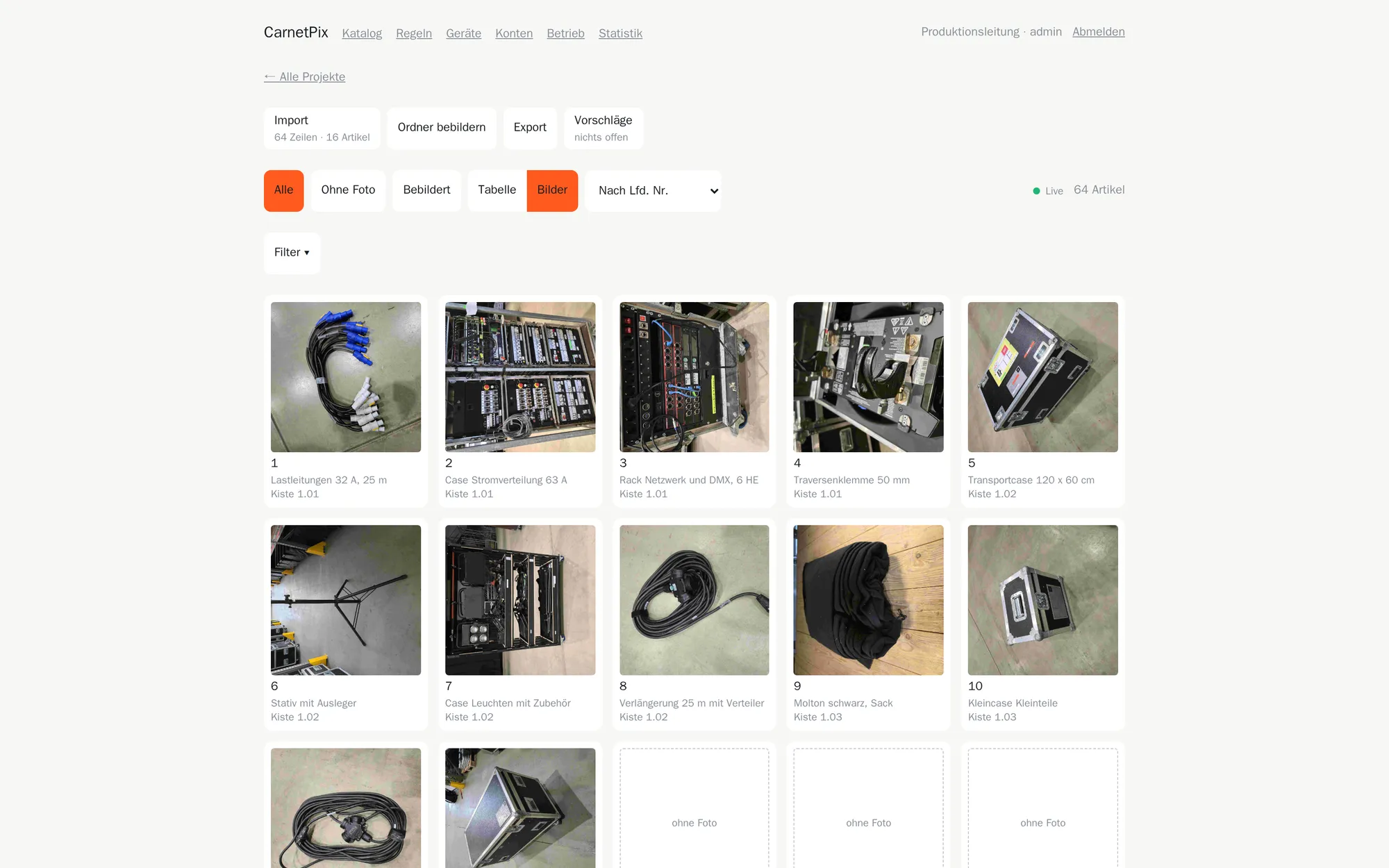 CarnetPix: Fotoraster einer Carnetliste, jede Kachel mit Nummer, Bezeichnung und Kiste.